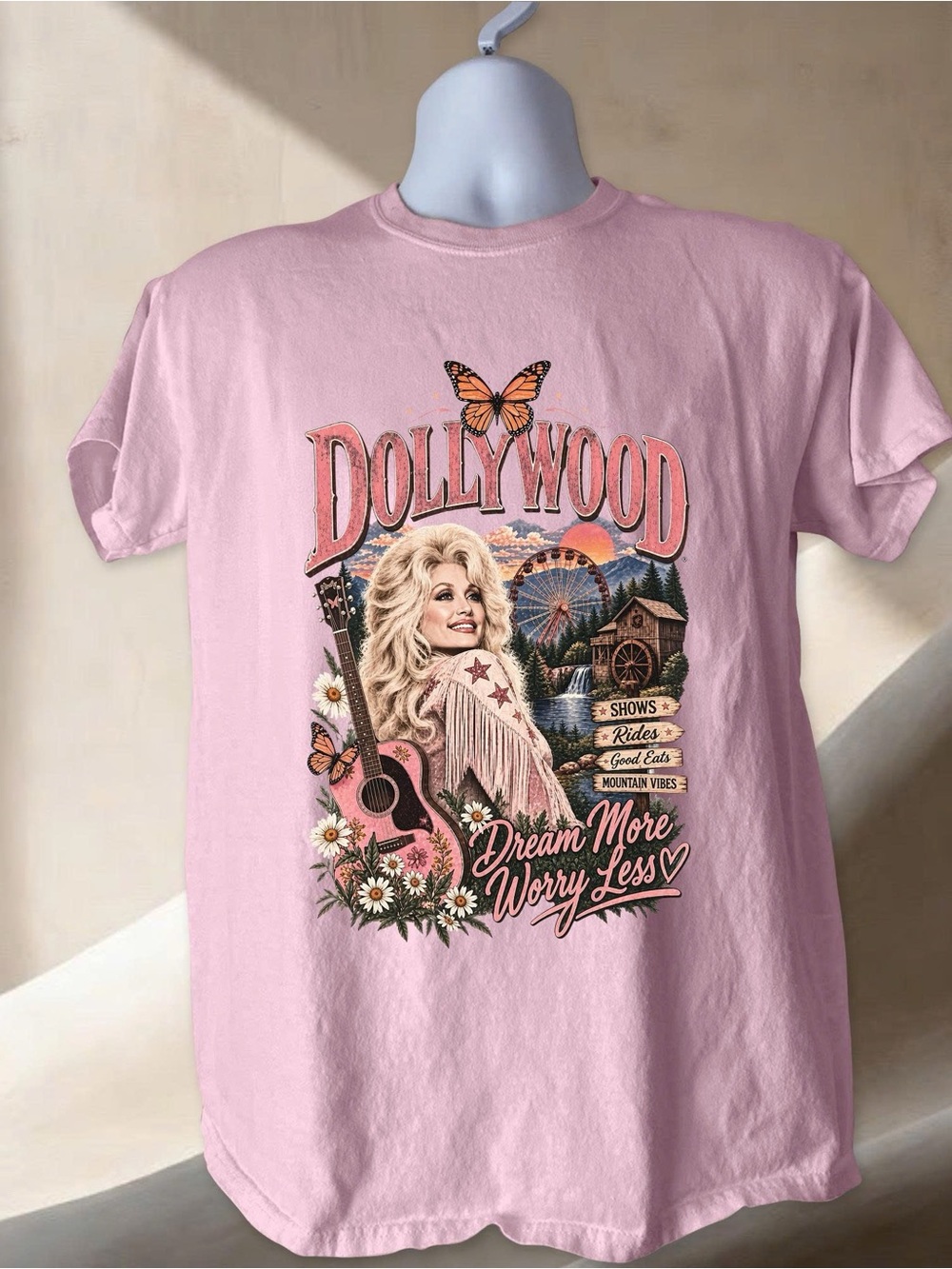 Dollywood Vintage Graphic Tee with Butterfly and Guitar Art